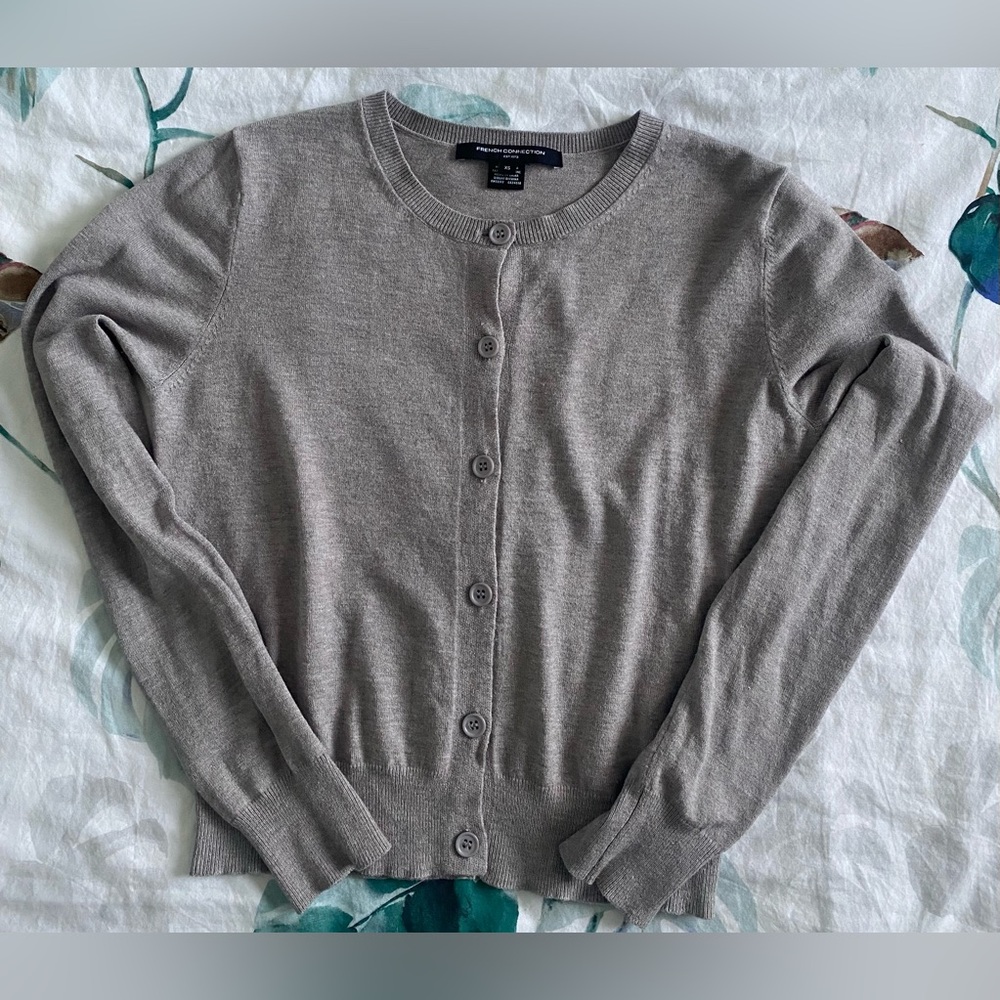 French Connection Taupe Crewneck Button-Front Cardigan